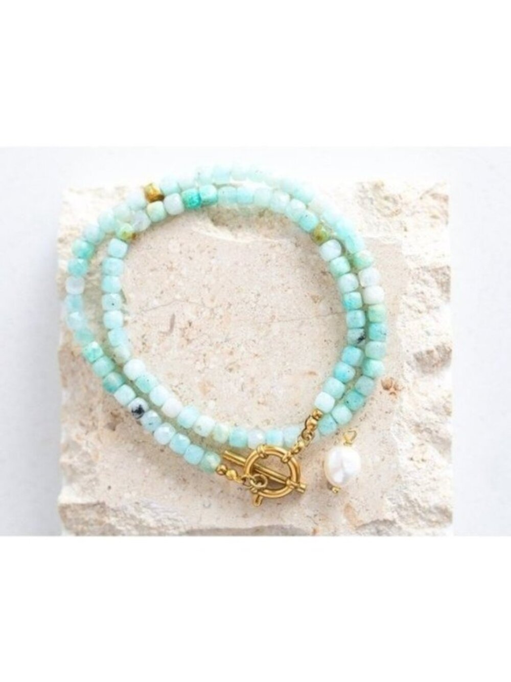 Amazonite Beaded Necklace Gold Toggle Pearl Pendant Layering Necklace
